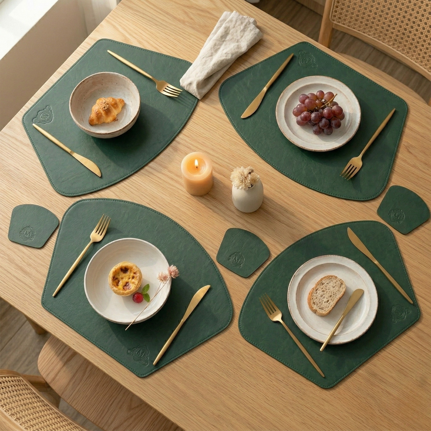 Fan Leather Placemat Set - Forest Green