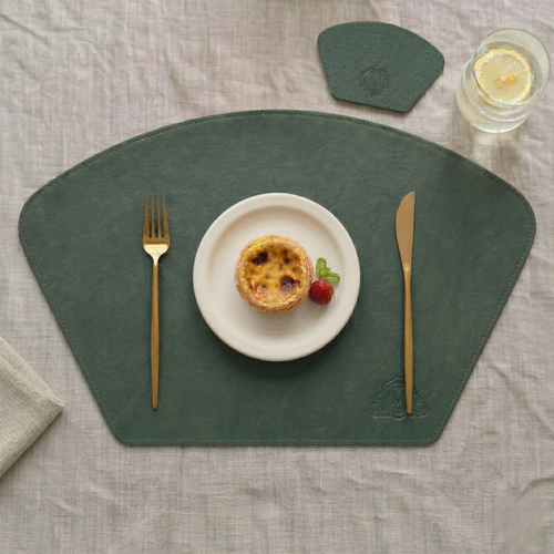 Forest green fan leather placemat set