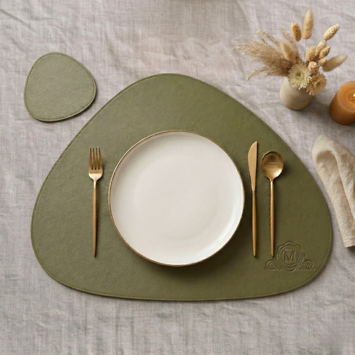 Olive green pebble leather placemat set