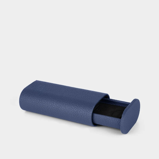 Navy blue leather watch roll, side view